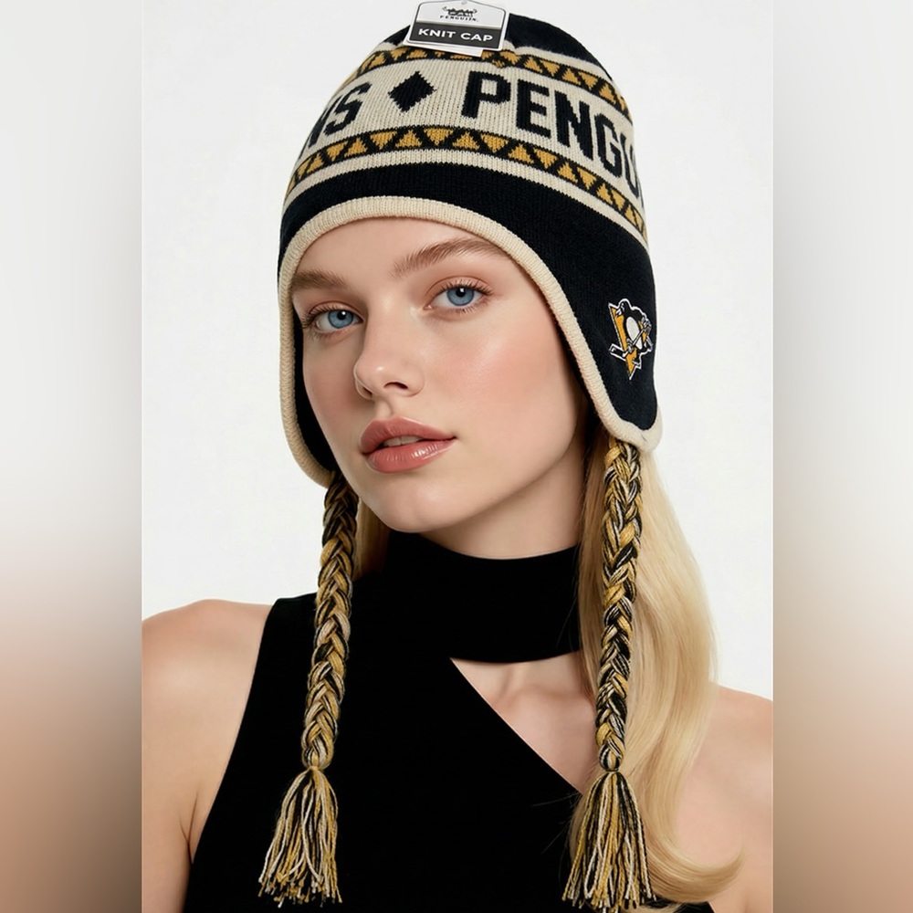 Penguins NWT Knit Cap Black and Yellow. Will fit older children and women.
